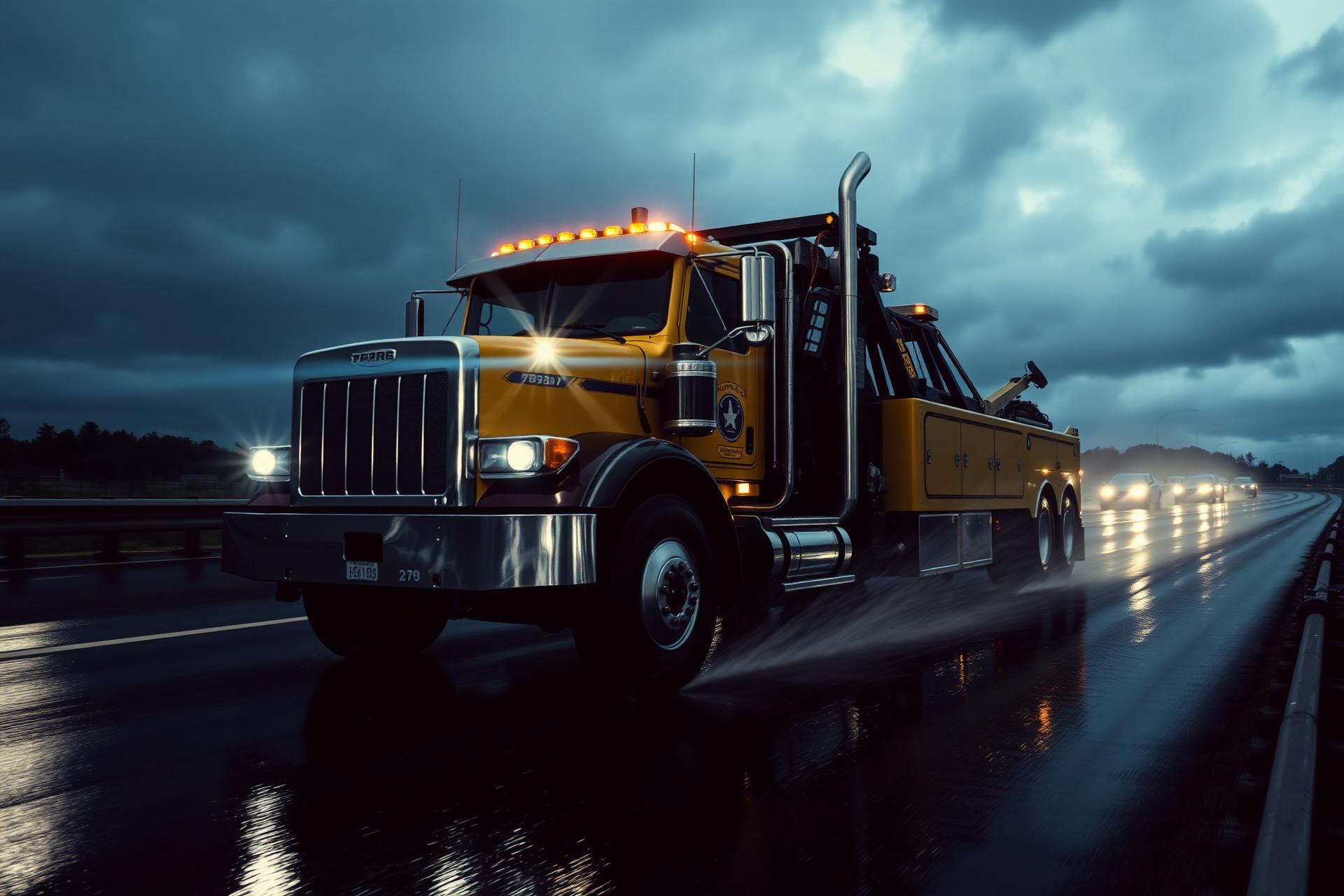 Heavy duty tow truck on highway at night